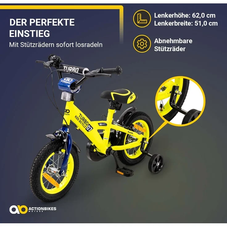 Kinderfahrrad Turbo 12 Zoll Kinder Fahrrad mit Stützräder gelb blau ab 2 Jahre – Bild 6