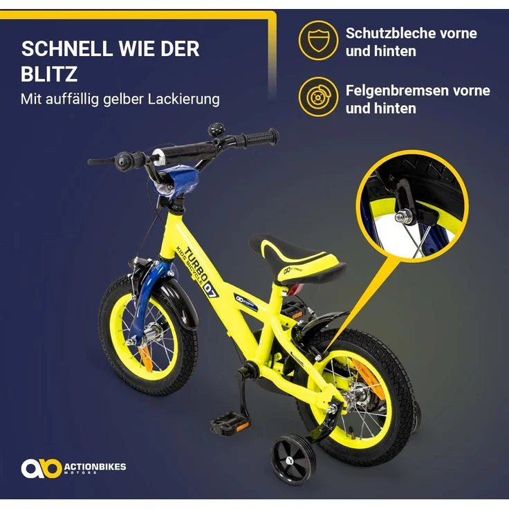 Kinderfahrrad Turbo 12 Zoll Kinder Fahrrad mit Stützräder gelb blau ab 2 Jahre – Bild 3