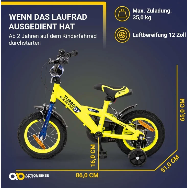 Kinderfahrrad Turbo 12 Zoll Kinder Fahrrad mit Stützräder gelb blau ab 2 Jahre – Bild 5