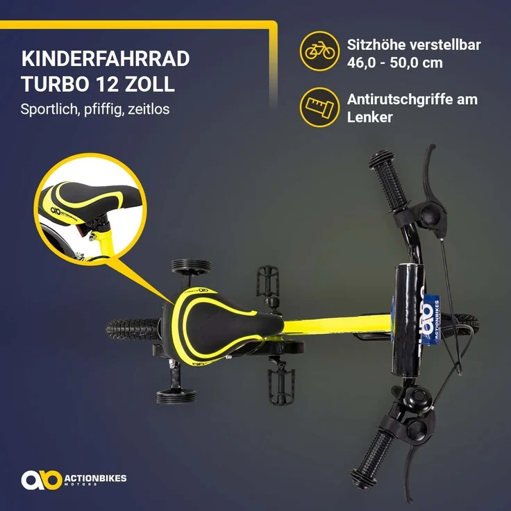 Kinderfahrrad Turbo 12 Zoll Kinder Fahrrad mit Stützräder gelb blau ab 2 Jahre – Bild 4