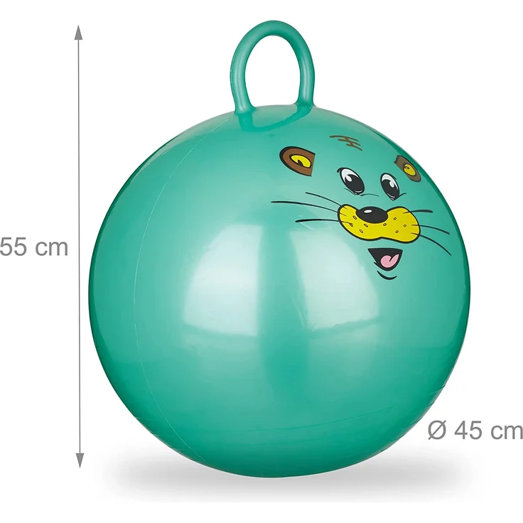 Relaxdays Hüpfball Kinder, Maus, mit Griff, für Drinnen und Draußen, mit Tier-Motiv, weich, 45 cm Durchmesser, grün – Bild 3
