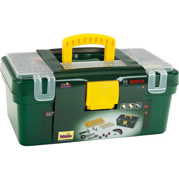 Theo Klein 8609 Bosch Werkzeugbox I Mit batteriebetriebenem Akkuschrauber Ixolino II I Inkl. zahlreichem Zubehör wie Hammer, Säge, Rollgabelschlüssel I Maße: 32 cm x 20,5 cm x 15 cm – Bild 4