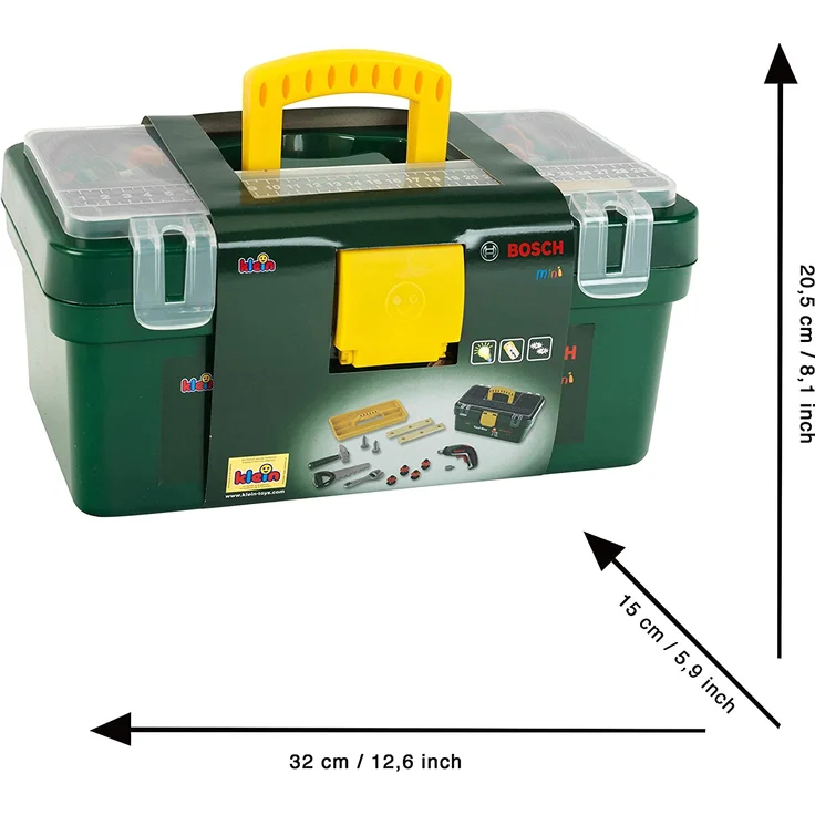 Theo Klein 8609 Bosch Werkzeugbox I Mit batteriebetriebenem Akkuschrauber Ixolino II I Inkl. zahlreichem Zubehör wie Hammer, Säge, Rollgabelschlüssel I Maße: 32 cm x 20,5 cm x 15 cm – Bild 5