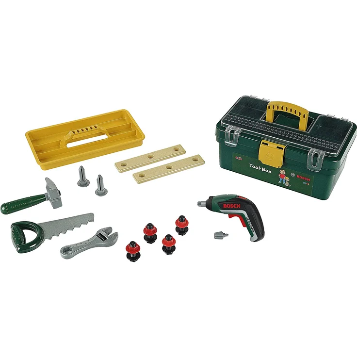 Theo Klein 8609 Bosch Werkzeugbox I Mit batteriebetriebenem Akkuschrauber Ixolino II I Inkl. zahlreichem Zubehör wie Hammer, Säge, Rollgabelschlüssel I Maße: 32 cm x 20,5 cm x 15 cm – Bild 1