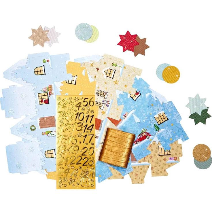 folia 9391 - Adventskalender Weihnachtsdorf, vorgestanzte Schachteln in Form von 24 Häuschen zum Zusammenstecken, mit Glitterapplikationen, ideal für kleine Geschenke im Advent – Bild 3