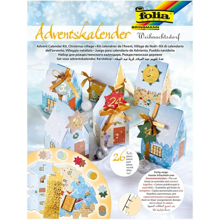 folia 9391 - Adventskalender Weihnachtsdorf, vorgestanzte Schachteln in Form von 24 Häuschen zum Zusammenstecken, mit Glitterapplikationen, ideal für kleine Geschenke im Advent – Bild 1