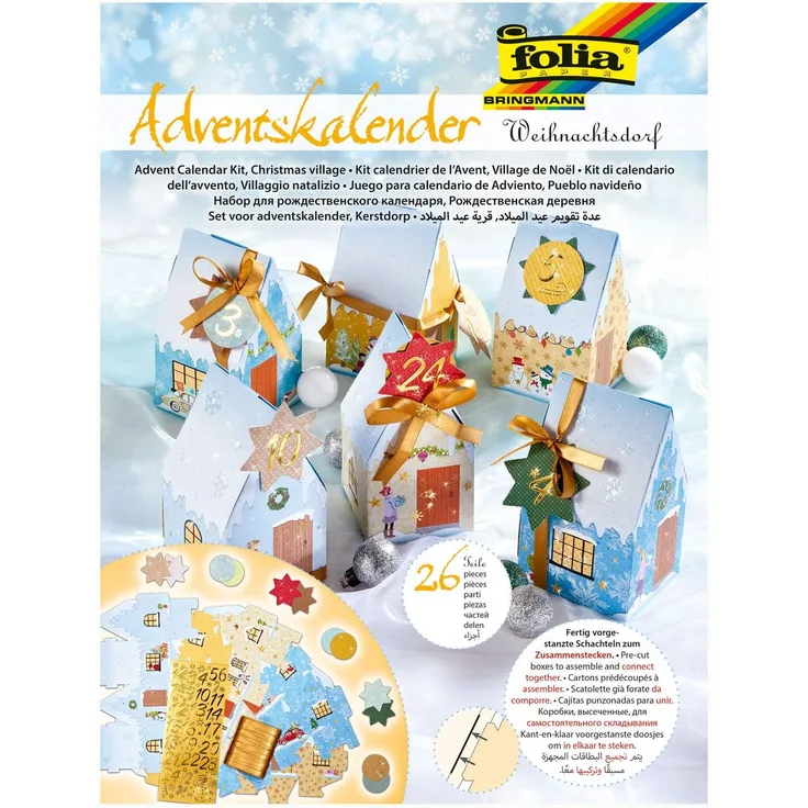 folia 9391 - Adventskalender Weihnachtsdorf, vorgestanzte Schachteln in Form von 24 Häuschen zum Zusammenstecken, mit Glitterapplikationen, ideal für kleine Geschenke im Advent