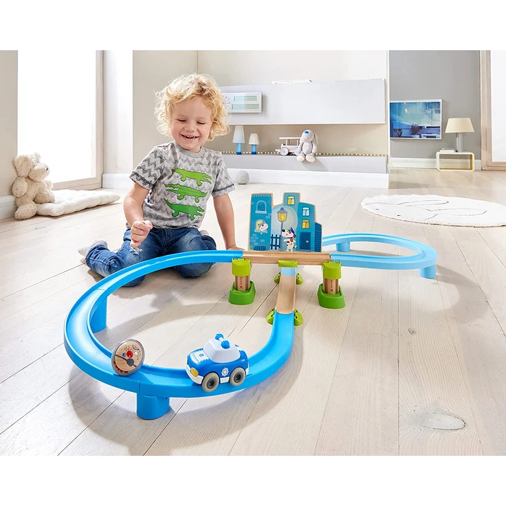 HABA 303739 - Kullerbü – Spielbahn Polizei-Verfolgungsjagd | Holzkugelbahn und Motorikspielzeug von 2-8 Jahren | Mit Polizeiauto und Charakterkugel Rudi Räuber – Bild 6