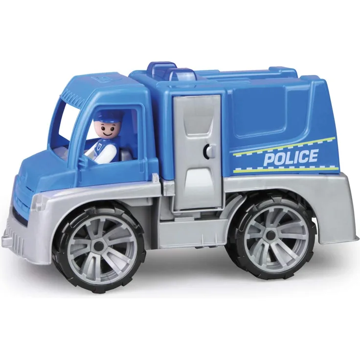 Lena 04455 TRUXX Polizei Einsatzfahrzeug mit Spielfigur als Polizist mit Schutzschild, Polizeiauto mit Zubehör, Polizeitransporter mit Türen zum Öffnen, Spielfahrzeug für Kinder ab 24m+, blau, Silber