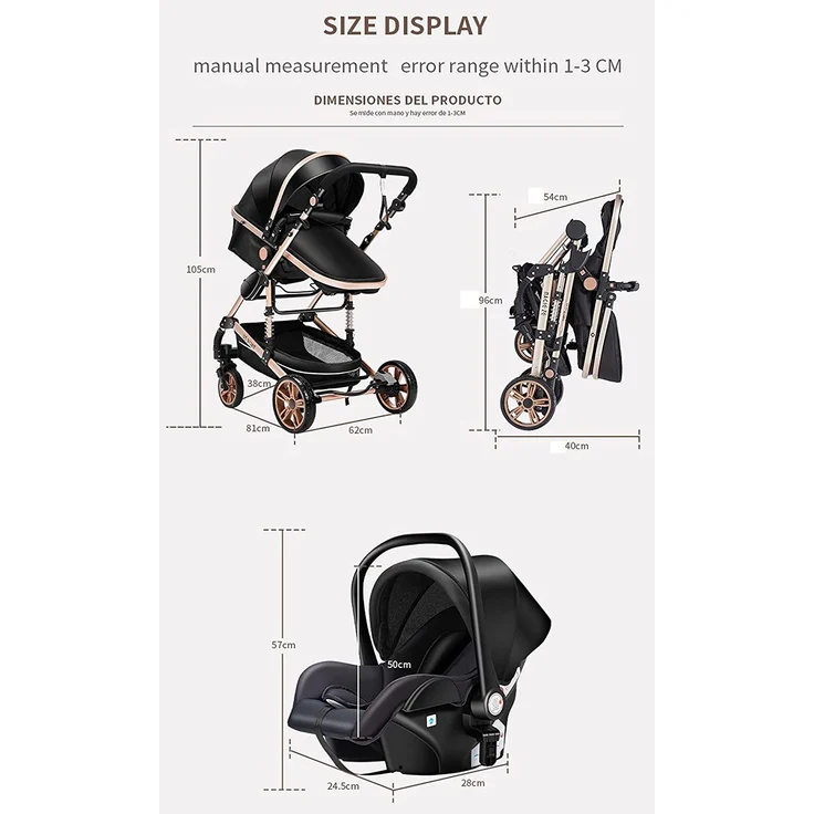 3 in 1 Reisesysteme Kombikinderwagen 3 in 1 Tragbarer Reisekinderwagen Faltbarer Kinderwagen Aluminiumrahmen Hohe Landschaft Auto für Neugeborene Babyboomer Poussette (Schwarz) – Bild 6