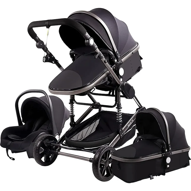 3 in 1 Reisesysteme Kombikinderwagen 3 in 1 Tragbarer Reisekinderwagen Faltbarer Kinderwagen Aluminiumrahmen Hohe Landschaft Auto für Neugeborene Babyboomer Poussette (Schwarz)