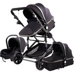3 in 1 Reisesysteme Kombikinderwagen 3 in 1 Tragbarer Reisekinderwagen Faltbarer Kinderwagen Aluminiumrahmen Hohe Landschaft Auto für Neugeborene Babyboomer Poussette (Schwarz)