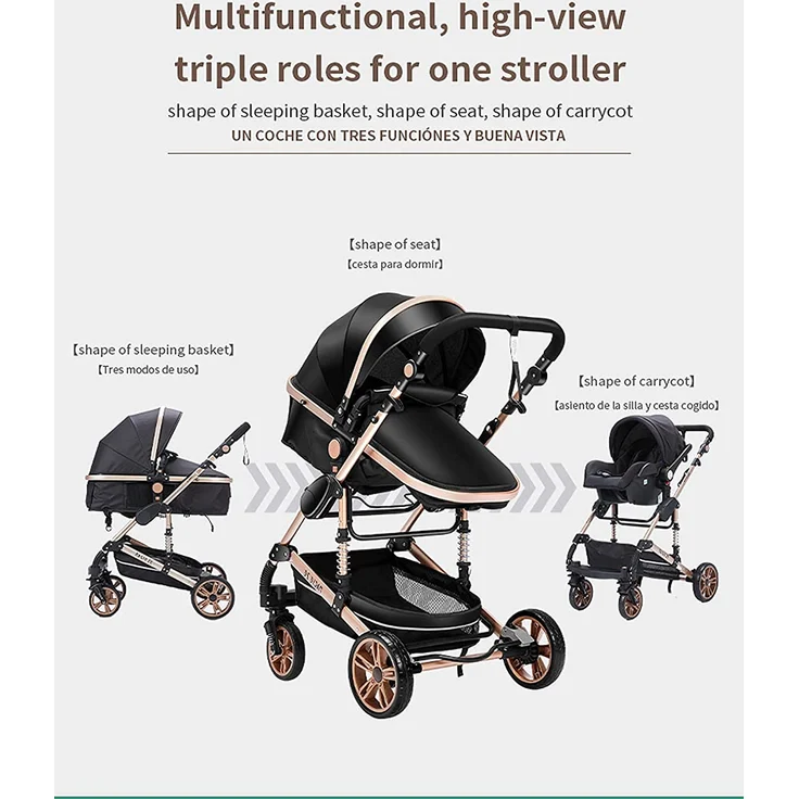 3 in 1 Reisesysteme Kombikinderwagen 3 in 1 Tragbarer Reisekinderwagen Faltbarer Kinderwagen Aluminiumrahmen Hohe Landschaft Auto für Neugeborene Babyboomer Poussette (Schwarz) – Bild 2