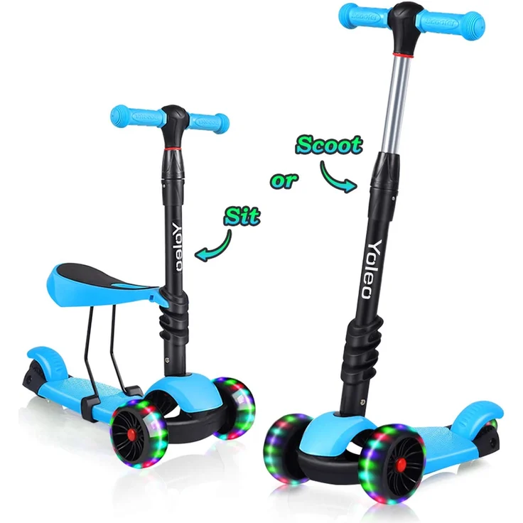 YOLEO 3-in-1 Kinder Roller Scooter mit Abnehmbarem Sitz, LED große Räder, Höheverstellbare Lenker für Kleinkinder Jungen Mädchen ab 2 Jahre (Blau) – Bild 1