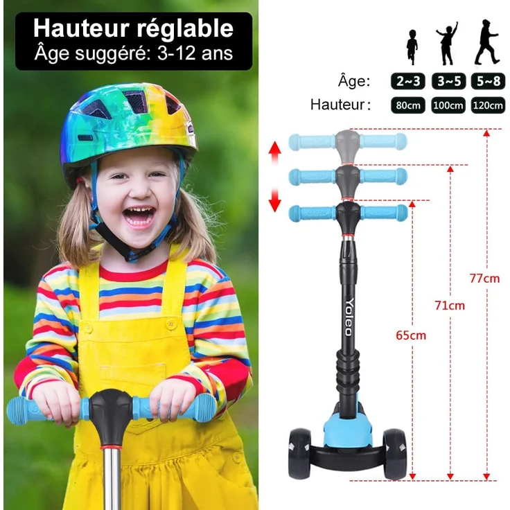 YOLEO 3-in-1 Kinder Roller Scooter mit Abnehmbarem Sitz, LED große Räder, Höheverstellbare Lenker für Kleinkinder Jungen Mädchen ab 2 Jahre (Blau) – Bild 7