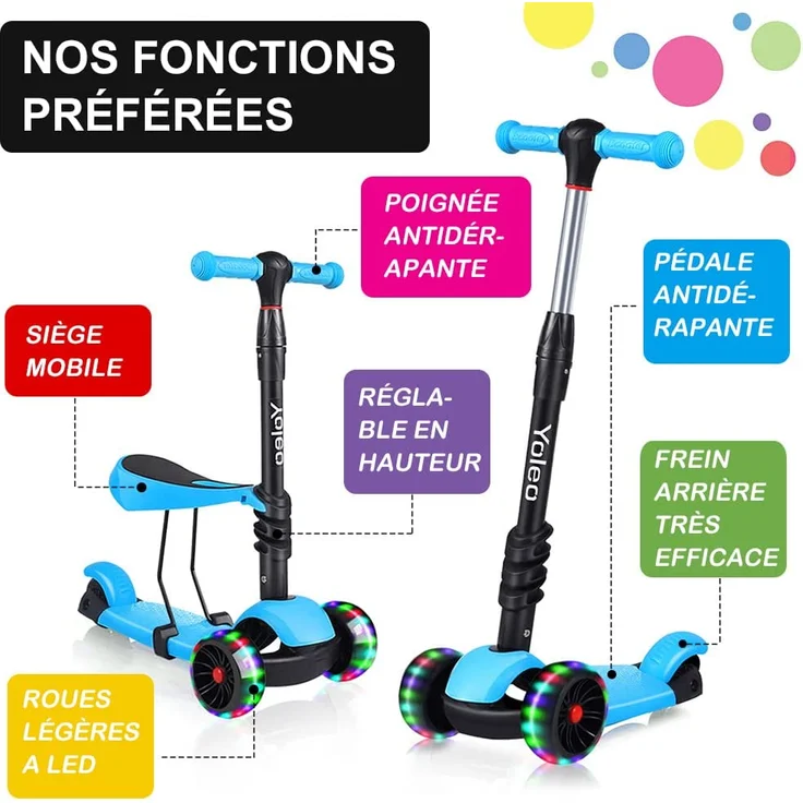 YOLEO 3-in-1 Kinder Roller Scooter mit Abnehmbarem Sitz, LED große Räder, Höheverstellbare Lenker für Kleinkinder Jungen Mädchen ab 2 Jahre (Blau) – Bild 3