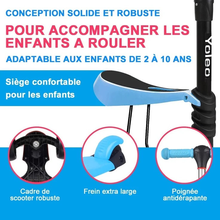 YOLEO 3-in-1 Kinder Roller Scooter mit Abnehmbarem Sitz, LED große Räder, Höheverstellbare Lenker für Kleinkinder Jungen Mädchen ab 2 Jahre (Blau) – Bild 5