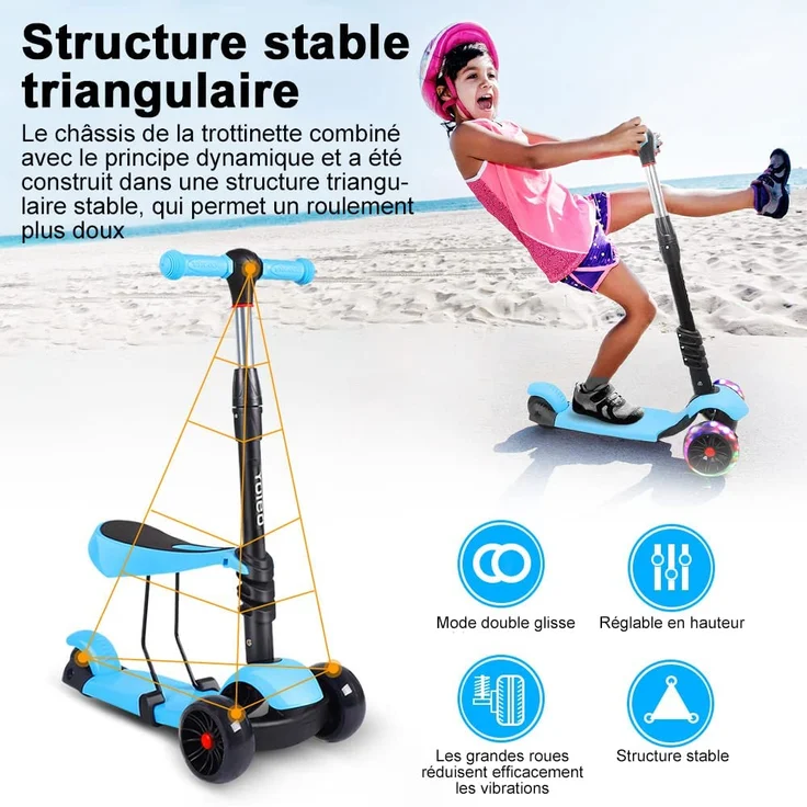 YOLEO 3-in-1 Kinder Roller Scooter mit Abnehmbarem Sitz, LED große Räder, Höheverstellbare Lenker für Kleinkinder Jungen Mädchen ab 2 Jahre (Blau) – Bild 6