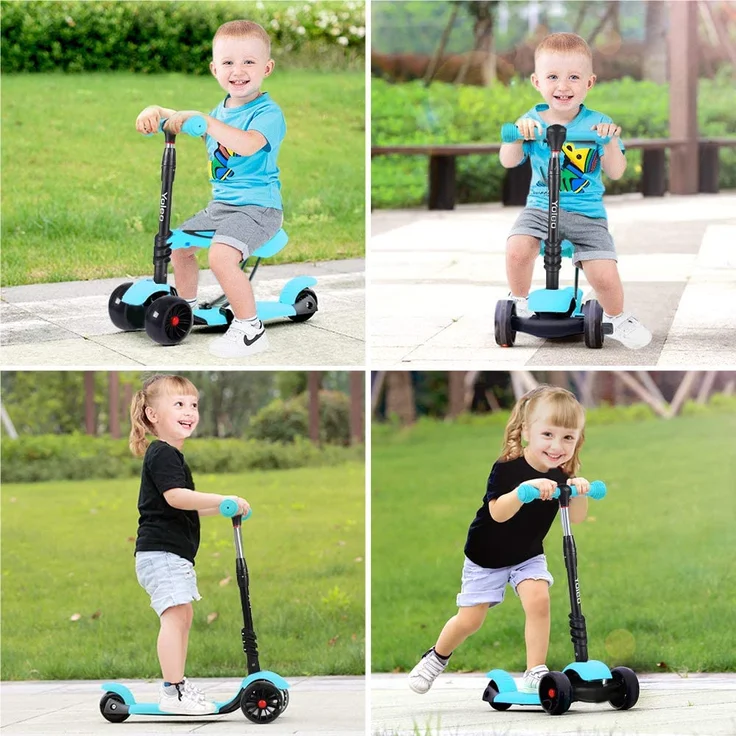 YOLEO 3-in-1 Kinder Roller Scooter mit Abnehmbarem Sitz, LED große Räder, Höheverstellbare Lenker für Kleinkinder Jungen Mädchen ab 2 Jahre (Blau) – Bild 8