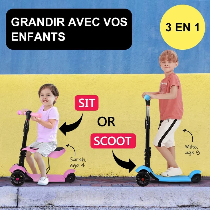 YOLEO 3-in-1 Kinder Roller Scooter mit Abnehmbarem Sitz, LED große Räder, Höheverstellbare Lenker für Kleinkinder Jungen Mädchen ab 2 Jahre (Blau) – Bild 2