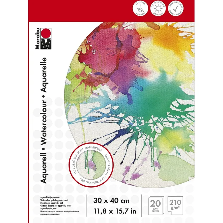 Marabu 1612000000023 - Malblock für Aquarellmalerei, 210 g/qm, 20 Blatt, 30 x 40 cm, naturweiß, Aquarellmalpapier fein gekörnt, matt, säurefrei, für Entwürfe und Studien geeignet