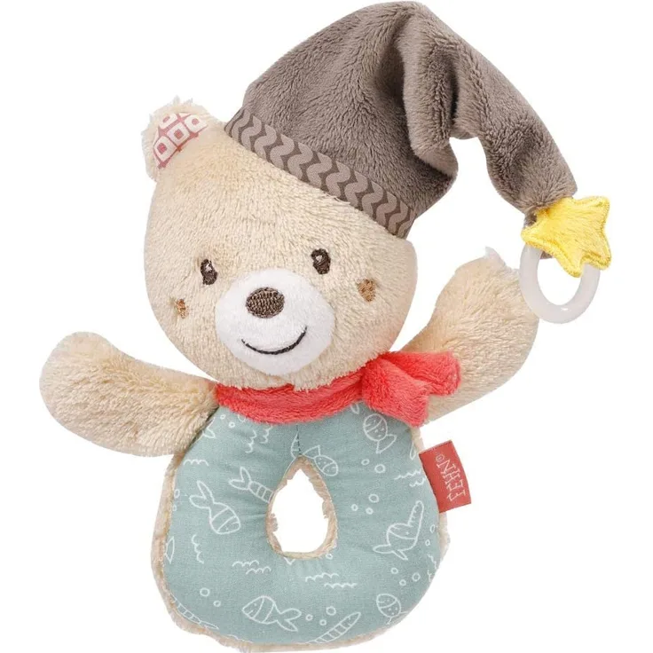 Fehn 060164 Ring-Greifling Bär – Greifling mit Rassel und Schnullerbefestigung für Babys und Kleinkinder ab 0+ Monaten – Maße: 13 cm