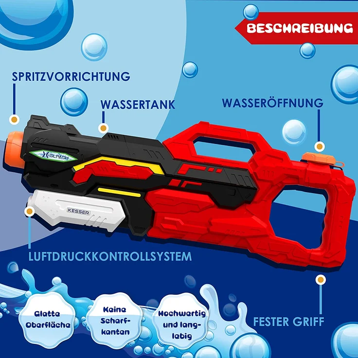 KESSER® Wasserpistole 2er Set Wasserpistolen Spritzpistolen Reichweite 10-11 Meter, Fassungsvermögen 1500ml Wasserspaß Strand Spielzeug im Freien für Kinder und Erwachsene Strandpool Schwarz / Rot – Bild 3
