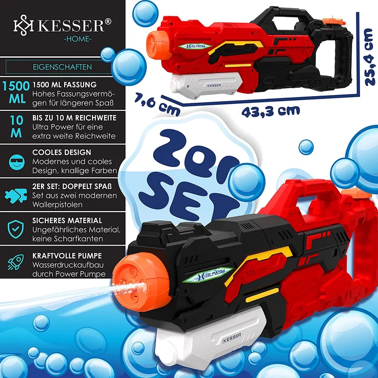 KESSER® Wasserpistole 2er Set Wasserpistolen Spritzpistolen Reichweite 10-11 Meter, Fassungsvermögen 1500ml Wasserspaß Strand Spielzeug im Freien für Kinder und Erwachsene Strandpool Schwarz / Rot – Bild 2