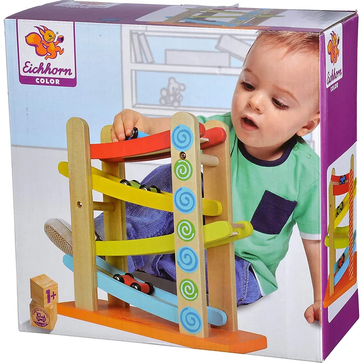 Eichhorn 100002220 - Autorennbahn, 4-tlg., 3x Fahrzeuge, 25x24 cm, Birkenholz – Bild 5