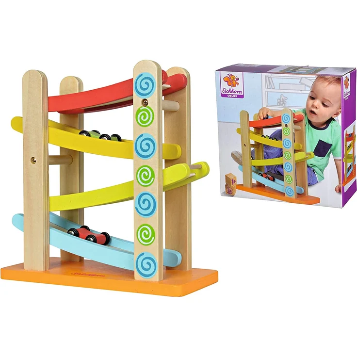 Eichhorn 100002220 - Autorennbahn, 4-tlg., 3x Fahrzeuge, 25x24 cm, Birkenholz – Bild 4