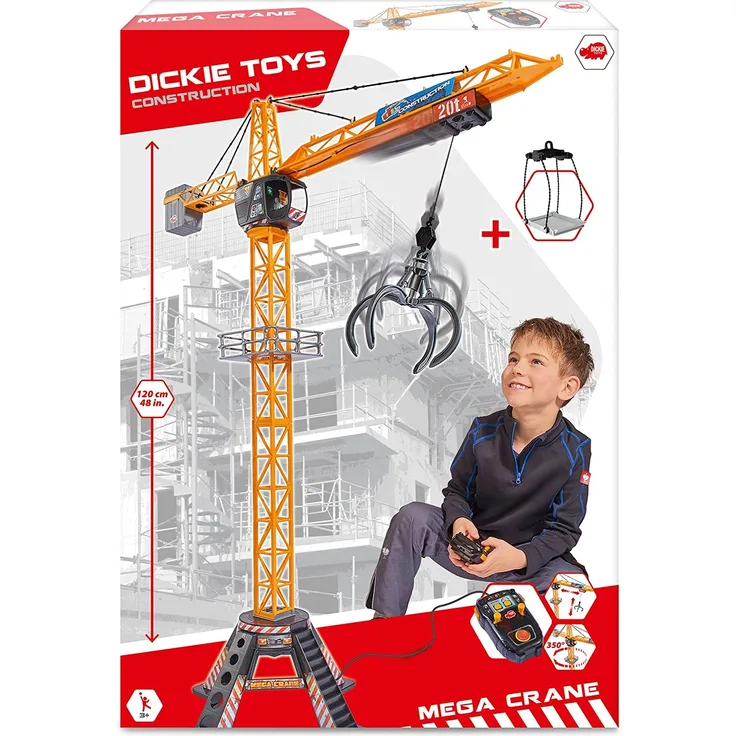 Dickie Toys Mega Crane, elektrischer Kran mit Fernbedienung, für Kinder ab 3 Jahren, 120 cm hoch, mit Greifarm, Seilwinde, Kabine, Ladeplattform