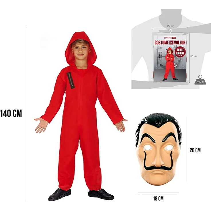 Gesamtes Kostüm Haus des Geldes | Komplettset Serie Haus des Geldes | Rote Kombi mit Kapuze Kinder (6-10 Jahre/140 cm) + Originale Dali Maske | Einbrecher | OriginalCup® – Bild 7