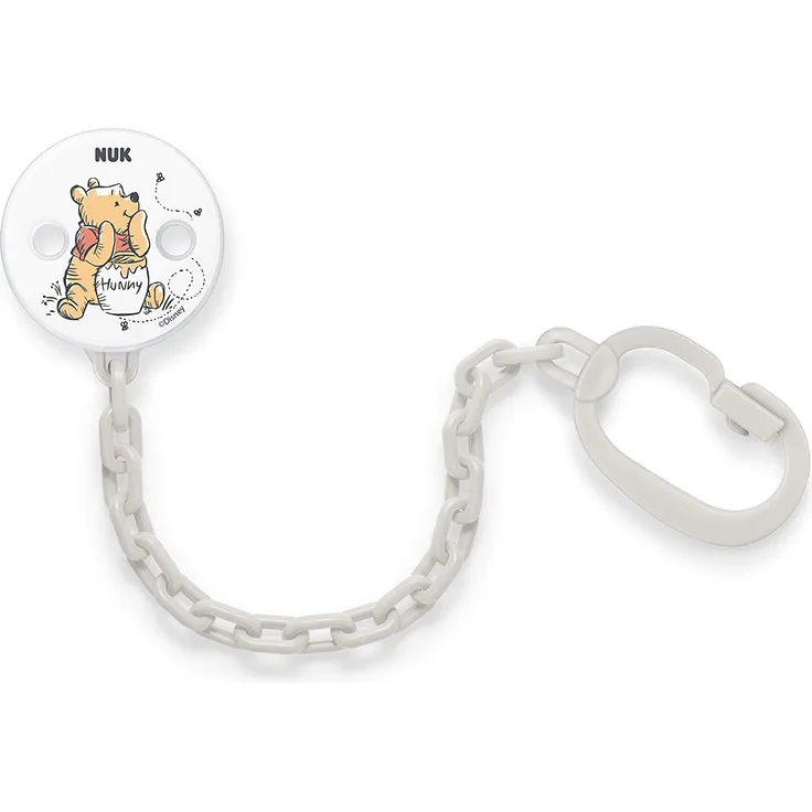 Nuk Disney Winnie Puuh Schnullerkette | mit Clip zur sicheren Befestigung des Schnullers an Baby‘s Kleidung | weiß oder grau (Farbe nicht frei wählbar)