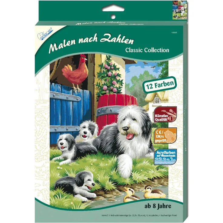 MAMMUT 110005 - Malen nach Zahlen Classic Tiermotiv, Hundefamilie, Komplettset mit bedruckter Malvorlage im A4 Format, 12 Acrylfarben und Pinsel, Malset für Kinder ab 8 Jahre