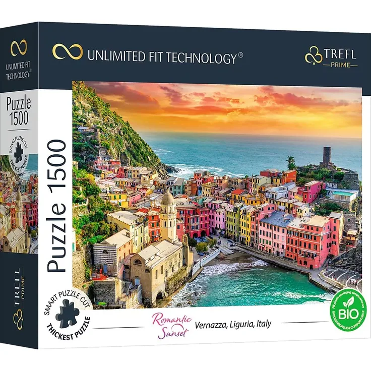 Trefl 26196 1500 Elemente, dickster Karton, Bio, ECO, Italien, Sonnenuntergang, Unterhaltung für Erwachsene und Kinder ab 12 Jahren, UFT-Puzzle Romantic Sunset: Vernazza, Liguria, Italy