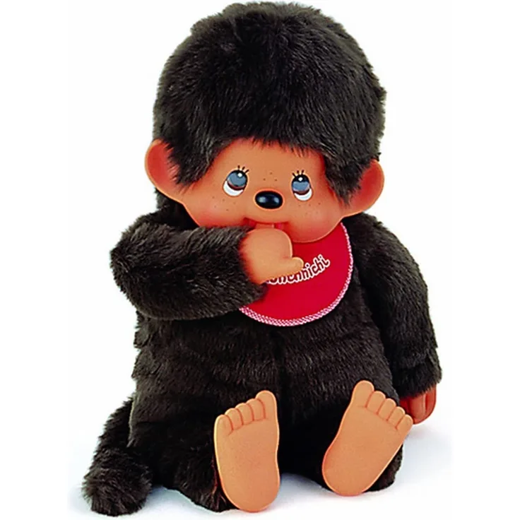 Sekiguchi 255600 - Original Monchhichi Junge, aus braunem Plüsch, mit rotem Lätzchen, ca. 80 cm