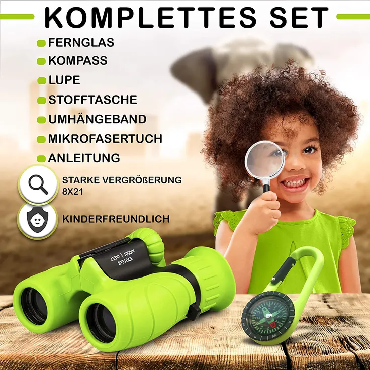 Fernglas für Kinder - Optimales Geschenk für kleine Jungen und Mädchen - Starke Vergrößerung 8X21 – Umfangreiches Set inklusive Lupe & Kompass – Spielzeug für 4 5 6 7 8 Jahre alte Jungen und Mädchen – Bild 2