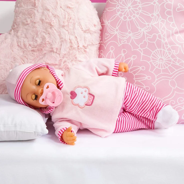 Bayer Design 93816AA Babypuppe First Words mit Schlafaugen, 24 Babylaute, 38 cm, rosa/Streifen – Bild 5