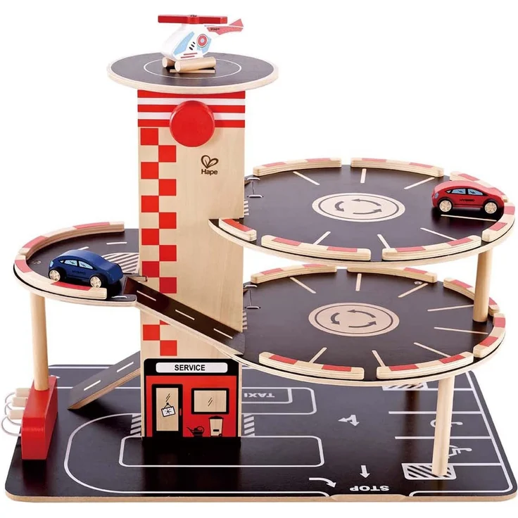 Hape Parkhaus aus Holz für Kinder Spieleset Autogarage | Auffahrrampe mit drei Parkdecks und einem Hubschrauber-Landeplatz, 2 Spielzeugautos, 1 Spielzeug-Hubschrauber, ein Aufzug und eine Tankstelle – Bild 3