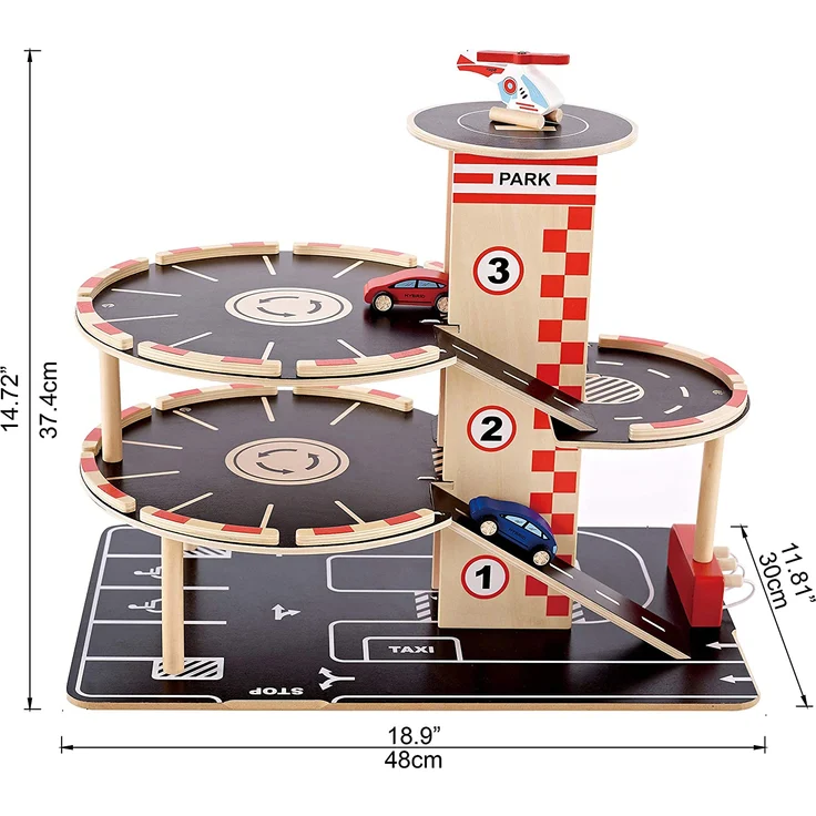 Hape Parkhaus aus Holz für Kinder Spieleset Autogarage | Auffahrrampe mit drei Parkdecks und einem Hubschrauber-Landeplatz, 2 Spielzeugautos, 1 Spielzeug-Hubschrauber, ein Aufzug und eine Tankstelle – Bild 4