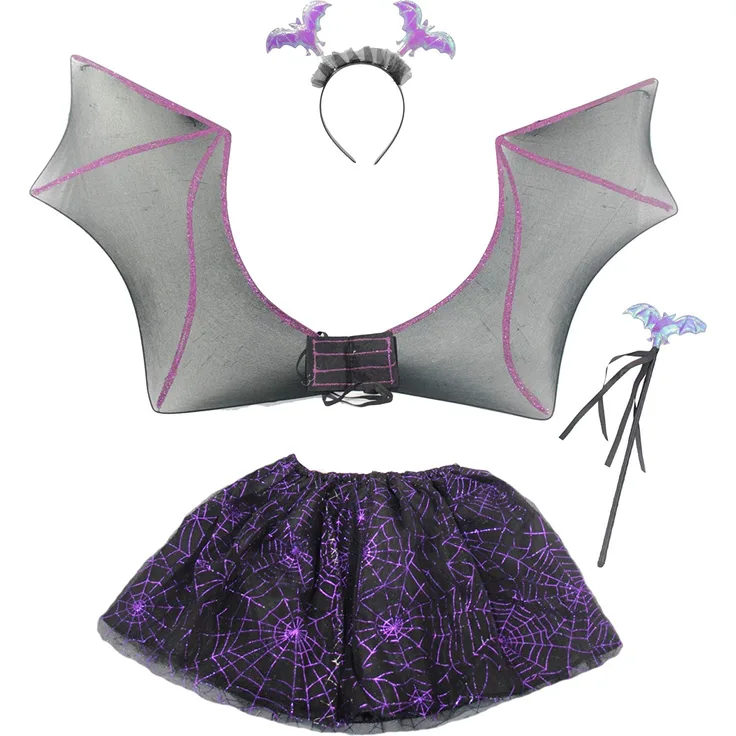 Fledermaus Kostüm für Kinder - Flügel, Tutu, Haarreif, Zepter - Halloween Horror Karneval Fasching Kostüme Mädchen lila schwarz