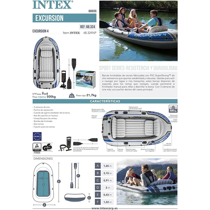 Intex 68324NP 'Excursion 4', Schlauchboot-Set, bis zu 4 Personen, max. Tragkraft 400 kg, inkl. Reparaturset, grau – Bild 13