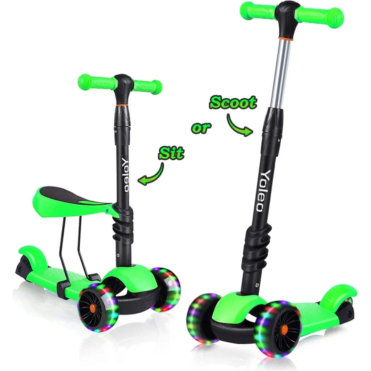 YOLEO 3-in-1 Kinderscooter Kinder Roller mit Abnehmbarem Sitz, LED große Räder, Höheverstellbare Lenker für Kleinkinder Jungen Mädchen ab 2 Jahre (Grün) – Bild 1
