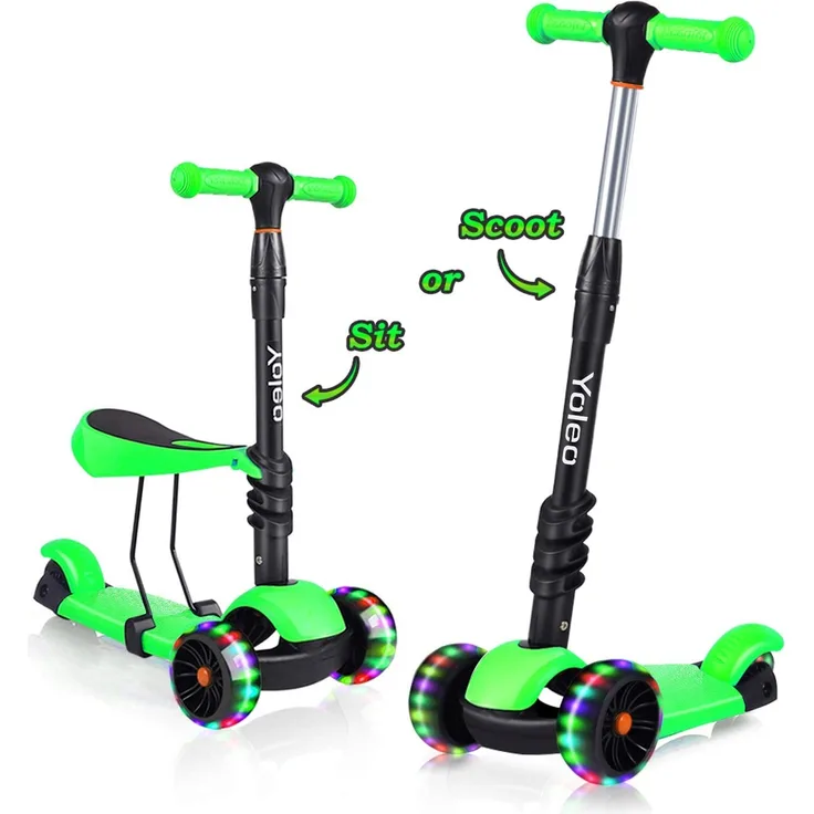 YOLEO 3-in-1 Kinderscooter Kinder Roller mit Abnehmbarem Sitz, LED große Räder, Höheverstellbare Lenker für Kleinkinder Jungen Mädchen ab 2 Jahre (Grün)