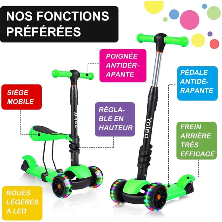 YOLEO 3-in-1 Kinderscooter Kinder Roller mit Abnehmbarem Sitz, LED große Räder, Höheverstellbare Lenker für Kleinkinder Jungen Mädchen ab 2 Jahre (Grün) – Bild 3