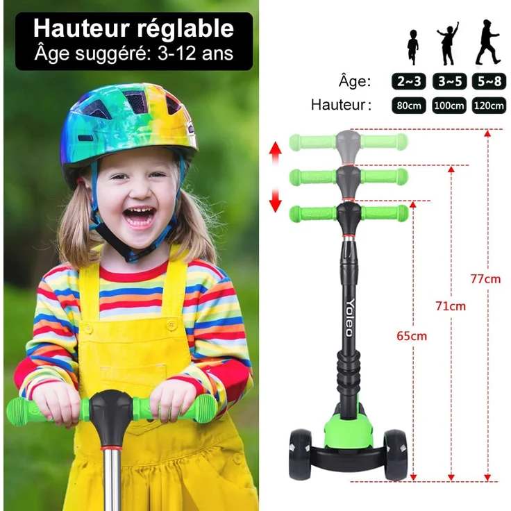 YOLEO 3-in-1 Kinderscooter Kinder Roller mit Abnehmbarem Sitz, LED große Räder, Höheverstellbare Lenker für Kleinkinder Jungen Mädchen ab 2 Jahre (Grün) – Bild 7