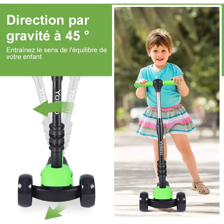 YOLEO 3-in-1 Kinderscooter Kinder Roller mit Abnehmbarem Sitz, LED große Räder, Höheverstellbare Lenker für Kleinkinder Jungen Mädchen ab 2 Jahre (Grün) – Bild 4