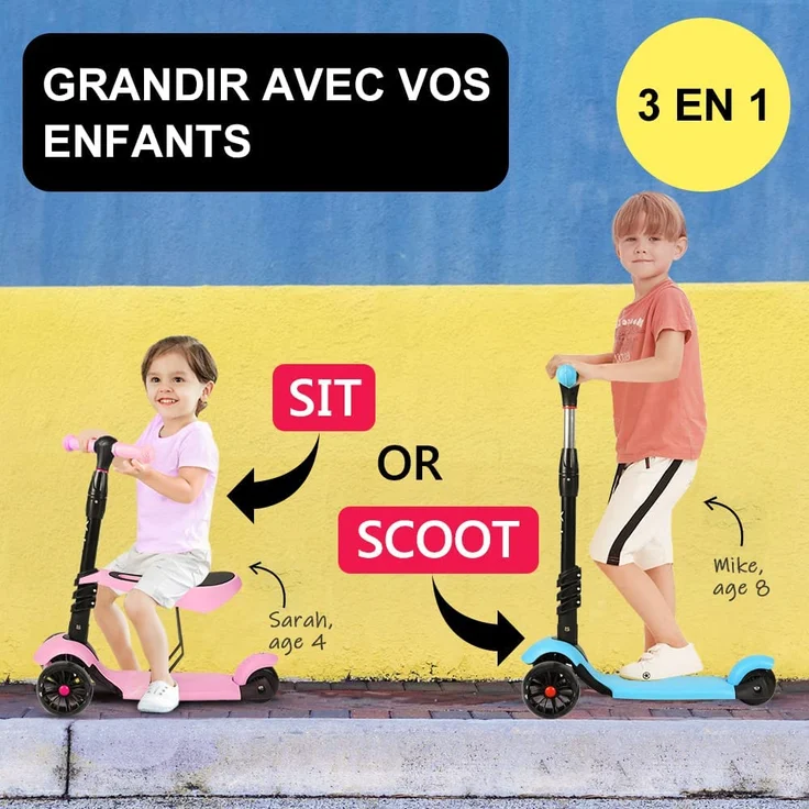 YOLEO 3-in-1 Kinderscooter Kinder Roller mit Abnehmbarem Sitz, LED große Räder, Höheverstellbare Lenker für Kleinkinder Jungen Mädchen ab 2 Jahre (Grün) – Bild 2