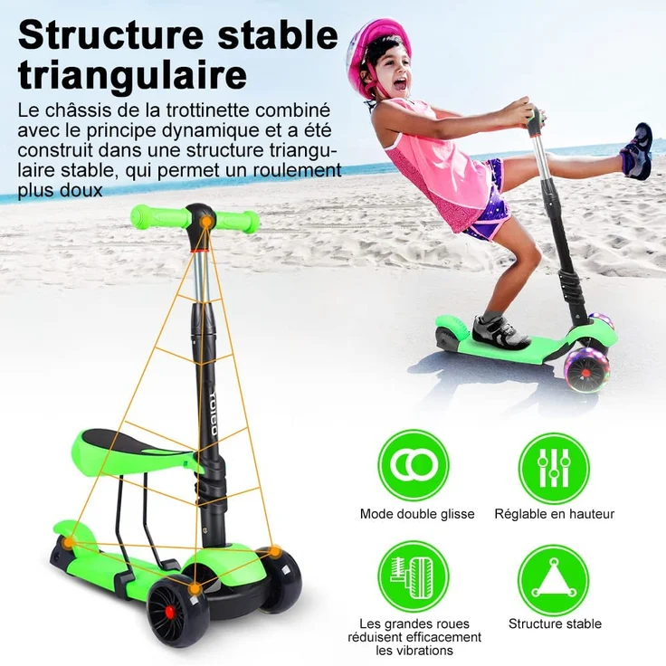 YOLEO 3-in-1 Kinderscooter Kinder Roller mit Abnehmbarem Sitz, LED große Räder, Höheverstellbare Lenker für Kleinkinder Jungen Mädchen ab 2 Jahre (Grün) – Bild 6