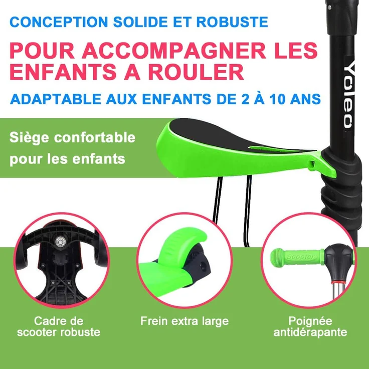 YOLEO 3-in-1 Kinderscooter Kinder Roller mit Abnehmbarem Sitz, LED große Räder, Höheverstellbare Lenker für Kleinkinder Jungen Mädchen ab 2 Jahre (Grün) – Bild 5